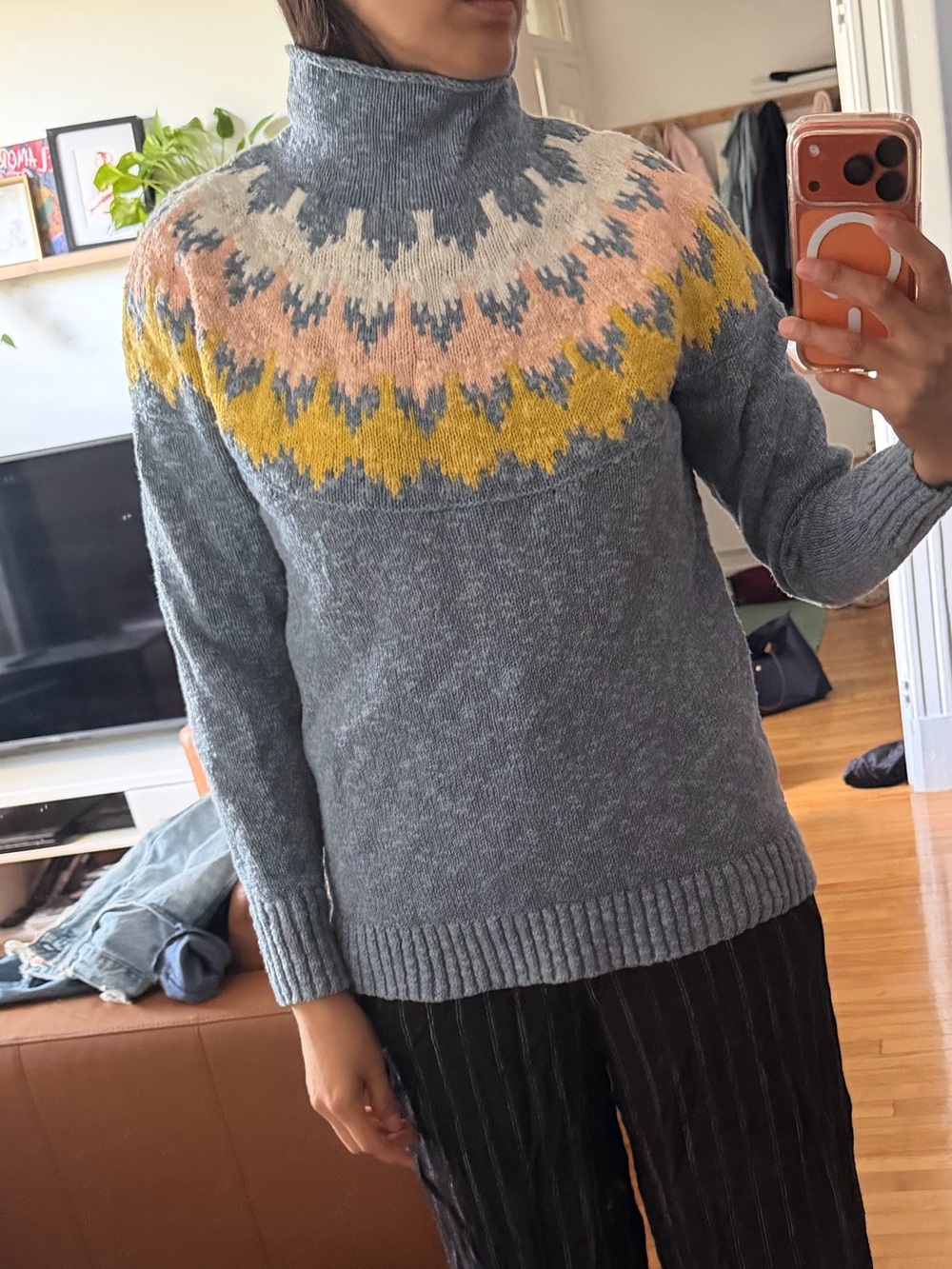 L.L. Bean Grey Turtleneck Sweater with Yellow & Pink Fair Isle Yoke